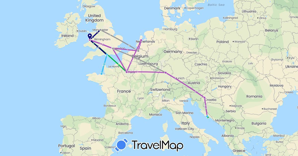 TravelMap itinerary: driving, bus, plane, train, boat in Belgium, Germany, France, United Kingdom, Croatia, Netherlands (Europe)